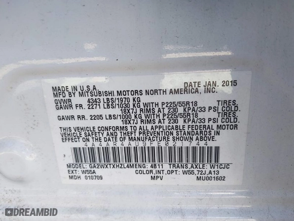 2015 Mitsubishi Outlander Sport SE with VIN 4A4AR4AU9FE021744, listed as a IAAI auction lot 41633543 with 95,393 mi miles. Bid and sale history available at carsss.com. Image 9.