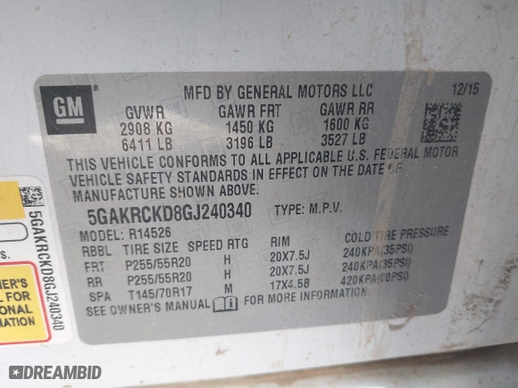 2016 Buick Enclave Premium with VIN 5GAKRCKD8GJ240340, listed as a IAAI auction lot 41308136 with 145,667 mi miles. Bid and sale history available at carsss.com. Image 9.