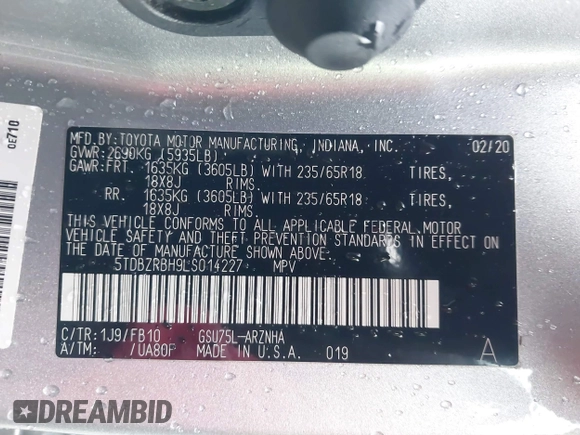 2020 Toyota Highlander LE с VIN 5TDBZRBH9LS014227, выставлен на аукционе IAAI как лот 41479228 с пробегом 38 066 миль миль и . История ставок и продаж доступна на DreamBid. Изображение 9.