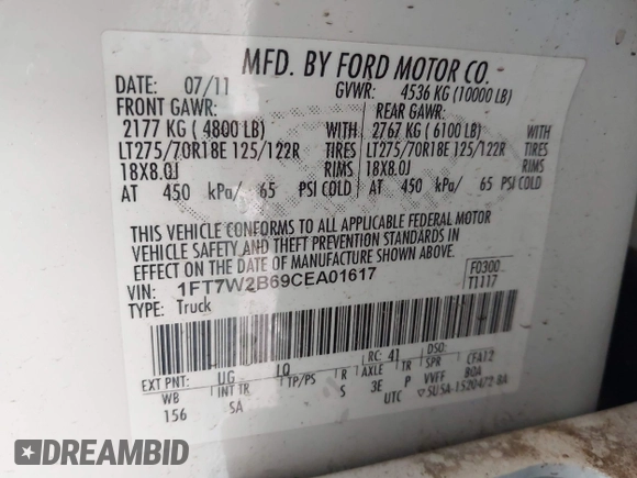 2012 Ford F-250 XL with VIN 1FT7W2B69CEA01617, listed as a IAAI auction lot 42425971 with 135,321 mi miles and . Bid and sale history available at DreamBid. Image 9.