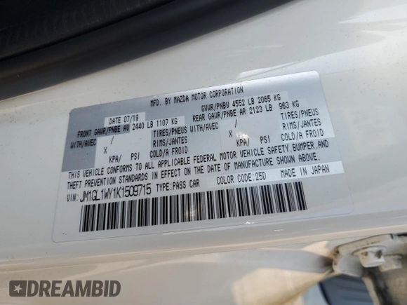 2019 Mazda 6 Grand Touring Reserve with VIN JM1GL1WY1K1509715, listed as a Copart auction lot 84119914 with 18,559 mi miles and Salvage Title. Bid and sale history available at DreamBid. Image 15.