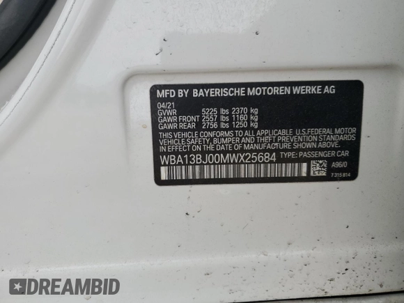 2021 BMW 5 Series 530i xDrive with VIN WBA13BJ00MWX25684, listed as a Copart auction lot 89395415 with 74,907 mi miles and Salvage Title. Bid and sale history available at DreamBid. Image 14.