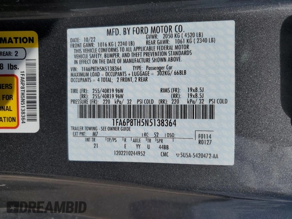2022 Ford Mustang EcoBoost with VIN 1FA6P8TH5N5138364, listed as a Copart auction lot 56356955 with 33,590 mi miles and Salvage title. Bid and sale history available at DreamBid. Image 12.
