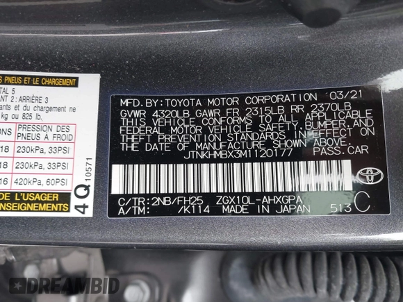 2021 Toyota C-HR LE with VIN JTNKHMBX3M1120177, listed as a IAAI auction lot 41257866 with 43,964 mi miles. Bid and sale history available at carsss.com. Image 9.