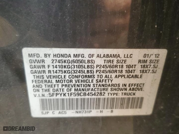 2012 Honda Ridgeline RTL with VIN 5FPYK1F59CB454282, listed as a Copart auction lot 68022014 with 462,330 mi miles and Salvage Title. Bid and sale history available at carsss.com. Image 13.