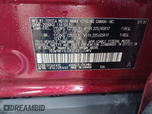 2020 Toyota RAV4 XLE with VIN 2T3W1RFV1LC052043, listed as a IAAI auction lot 42049165 with 116,628 mi miles and . Bid and sale history available at DreamBid. Image 9.