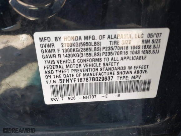 2007 Honda Pilot EX-L with VIN 5FNYF18787B029637, listed as a IAAI auction lot 41816373 with 305,036 mi miles. Bid and sale history available at carsss.com. Image 9.