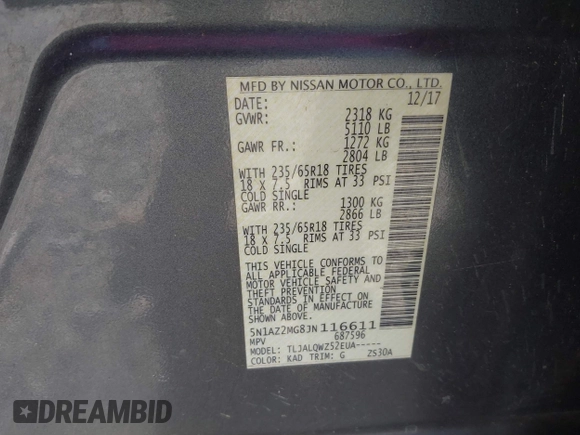 2018 Nissan Murano SV with VIN 5N1AZ2MG8JN116611, listed as a IAAI auction lot 42051307 with 94,993 mi miles and . Bid and sale history available at DreamBid. Image 9.