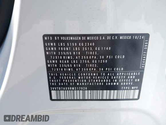 2024 Volkswagen Tiguan with VIN 3VVTB7AX9RM217926, listed as a IAAI auction lot 42339057 with 8,233 mi miles and . Bid and sale history available at DreamBid. Image 9.