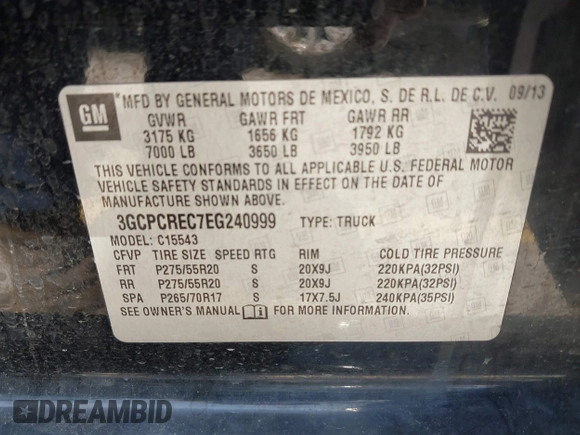 2014 Chevrolet Silverado 1500 LT with VIN 3GCPCREC7EG240999, listed as a IAAI auction lot 42075060 with 102,830 mi miles and . Bid and sale history available at DreamBid. Image 9.