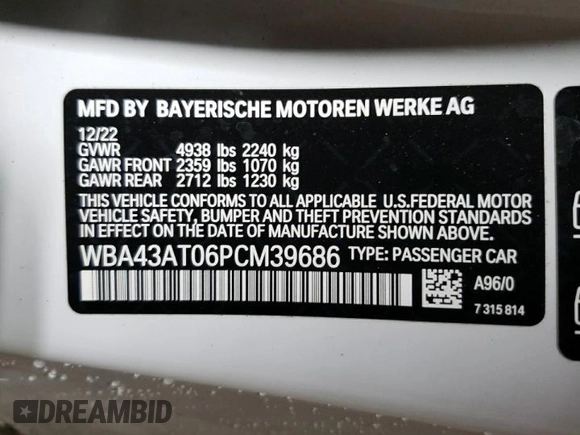 2023 BMW 4 Series 430i xDrive с VIN WBA43AT06PCM39686, выставлен на аукционе Copart как лот 60834325 с пробегом 17 728 миль миль и Списание • Salvage title. История ставок и продаж доступна на DreamBid. Изображение 12.