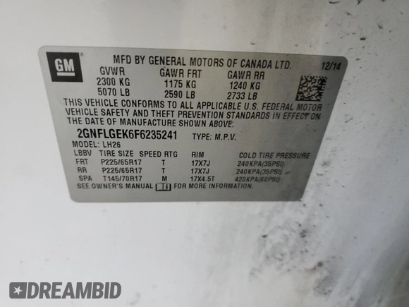 2015 Chevrolet Equinox LT with VIN 2GNFLGEK6F6235241, listed as a Copart auction lot 49719185 with 163,072 mi miles and Salvage Title. Bid and sale history available at carsss.com. Image 14.