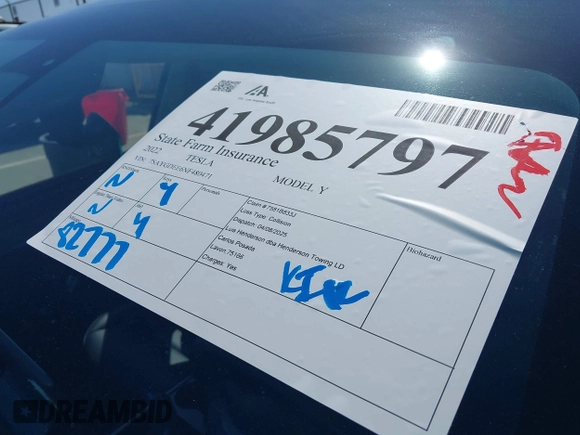2022 Tesla Model Y Long Range with VIN 7SAYGDEE6NF480471, listed as a IAAI auction lot 41985797 with 82,777 mi miles and . Bid and sale history available at DreamBid. Image 20.