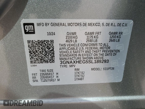 2025 Chevrolet Equinox FWD LT with VIN 3GNAXHEG5SL189293, listed as a Copart auction lot 51350735 with 1,763 mi miles and Salvage Title. Bid and sale history available at DreamBid. Image 12.