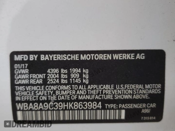 2017 BMW 3 Series 320i z VIN WBA8A9C39HK863984, wystawiony jako Copart lot #47927845 z przebiegiem 82 891 mil mil oraz Szkoda całkowita • Salvage title. Historia ofert i sprzedaży dostępna na DreamBid. Obrazek 12.