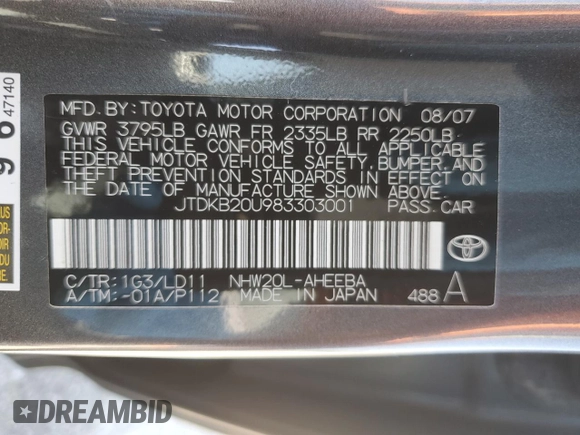 2008 Toyota Prius with VIN JTDKB20U983303001, listed as a Copart auction lot 52887335 with 185,039 mi miles and Salvage Title. Bid and sale history available at carsss.com. Image 14.