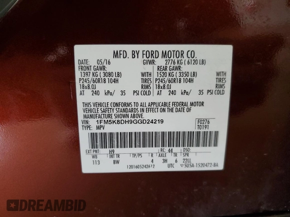 2016 Ford Explorer XLT z VIN 1FM5K8DH9GGD24219, wystawiony jako Copart lot #59090285 z przebiegiem 88 988 mil mil oraz Szkoda całkowita • Salvage title. Historia ofert i sprzedaży dostępna na DreamBid. Obrazek 13.