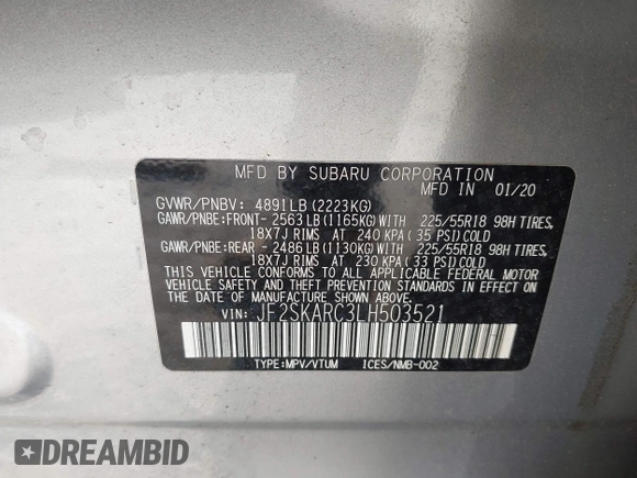 2020 Subaru Forester Special Sports with VIN JF2SKARC3LH503521, listed as a IAAI auction lot 42242029 with 63,808 mi miles and . Bid and sale history available at DreamBid. Image 8.