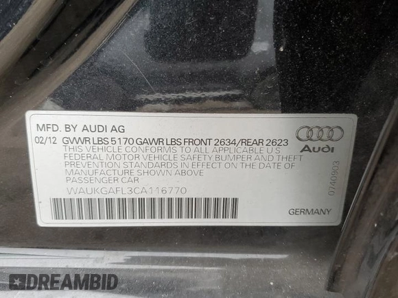 2012 Audi S4 Prestige with VIN WAUKGAFL3CA116770, listed as a Copart auction lot 48888174 with 31,343 mi miles and Non Repairable. Bid and sale history available at carsss.com. Image 12.