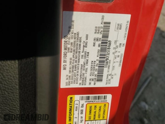 2018 Ford Mustang GT with VIN 1FA6P8CF3J5184669, listed as a Copart auction lot 58906205 with 37,343 mi miles and Salvage title. Bid and sale history available at DreamBid. Image 12.