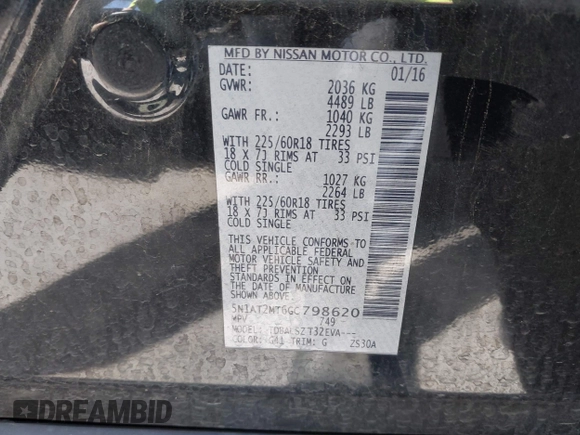2016 Nissan Rogue SV with VIN 5N1AT2MT6GC798620, listed as a IAAI auction lot 41900042 with 107,597 mi miles. Bid and sale history available at carsss.com. Image 9.