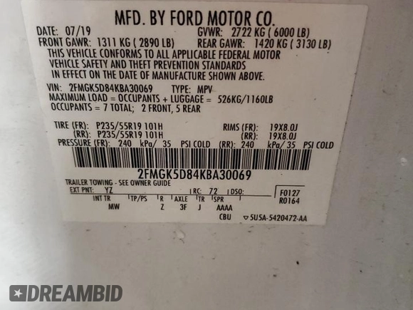 2019 Ford Flex Limited with VIN 2FMGK5D84KBA30069, listed as a Copart auction lot 44512595 with 106,160 mi miles and Salvage Title. Bid and sale history available at carsss.com. Image 13.