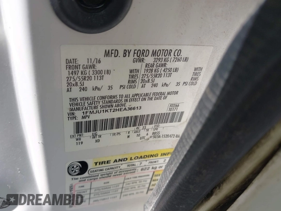 2017 Ford Expedition Limited with VIN 1FMJU1KT2HEA36613, listed as a IAAI auction lot 42431208 with 154,477 mi miles and . Bid and sale history available at DreamBid. Image 9.