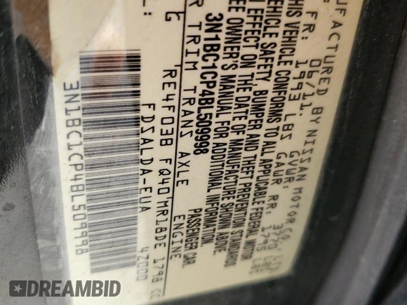 2011 Nissan Versa S z VIN 3N1BC1CP4BL509998, wystawiony jako Copart lot #58521975 z przebiegiem 118 689 mil mil oraz Szkoda całkowita • Salvage title. Historia ofert i sprzedaży dostępna na DreamBid. Obrazek 12.