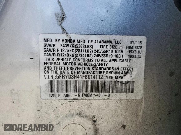 2015 Acura MDX Technology with VIN 5FRYD3H41FB014112, listed as a Copart auction lot 51713615 with 122,565 mi miles and Salvage title. Bid and sale history available at DreamBid. Image 14.