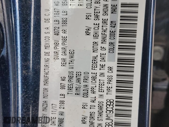 2018 Mazda 3 Grand Touring z VIN 3MZBN1W38JM190398, wystawiony jako Copart lot #53164605 z przebiegiem 74 845 mil mil oraz Szkoda całkowita • Salvage title. Historia ofert i sprzedaży dostępna na DreamBid. Obrazek 12.