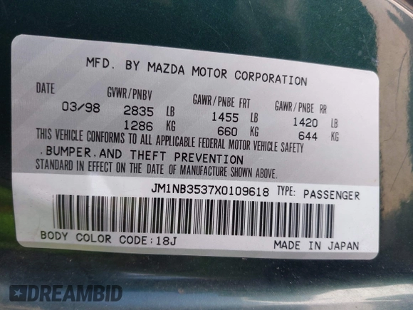1999 Mazda MX-5 Miata with VIN JM1NB3537X0109618, listed as a IAAI auction lot 41795736 with 160,452 mi miles and . Bid and sale history available at DreamBid. Image 9.