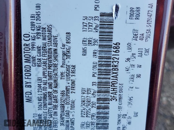 2011 Ford Fusion SEL with VIN 3FAHP0JAXBR321686, listed as a Copart auction lot 42243145 with 240,675 mi miles and Salvage Title. Bid and sale history available at DreamBid. Image 14.