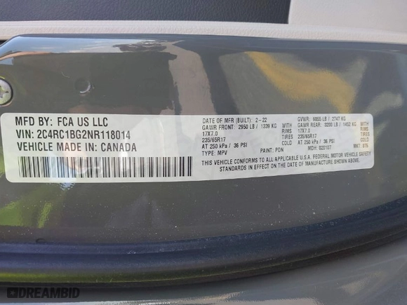 2022 Chrysler Pacifica Touring L with VIN 2C4RC1BG2NR118014, listed as a IAAI auction lot 41869586 with 87,689 mi miles. Bid and sale history available at carsss.com. Image 9.