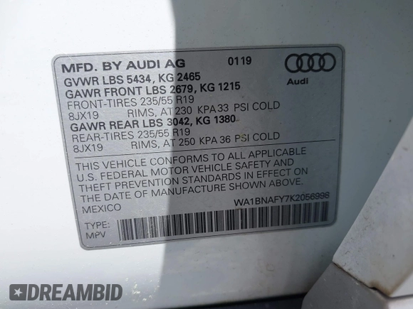 2019 Audi Q5 Premium Plus with VIN WA1BNAFY7K2056998, listed as a IAAI auction lot 42230392 with 52,289 mi miles and . Bid and sale history available at DreamBid. Image 9.
