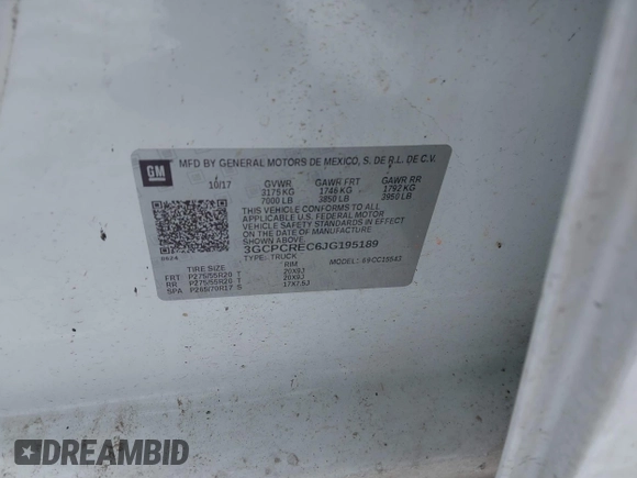 2018 Chevrolet Silverado 1500 LT with VIN 3GCPCREC6JG195189, listed as a IAAI auction lot 41613074 with Not Provided miles and . Bid and sale history available at DreamBid. Image 9.