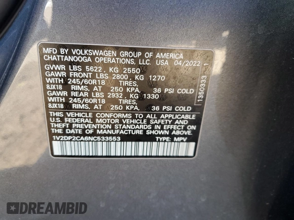 2022 Volkswagen Atlas SE with VIN 1V2DP2CA6NC533553, listed as a Copart auction lot 44554525 with 23,004 mi miles and Salvage title. Bid and sale history available at DreamBid. Image 15.