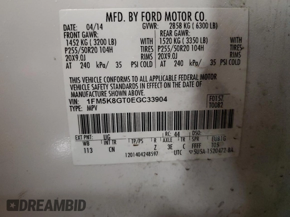 2014 Ford Explorer Sport with VIN 1FM5K8GT0EGC33904, listed as a Copart auction lot 45291215 with 155,005 mi miles and Clean title. Bid and sale history available at DreamBid. Image 14.