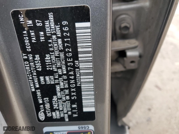 2014 Kia Optima EX with VIN 5XXGN4A73EG271269, listed as a Copart auction lot 46069175 with 255,009 mi miles and Salvage Title. Bid and sale history available at carsss.com. Image 14.