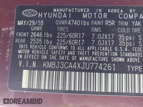 2018 Hyundai Tucson SEL with VIN KM8J3CA4XJU774261, listed as a IAAI auction lot 41628142 with 60,858 mi miles and . Bid and sale history available at DreamBid. Image 9.