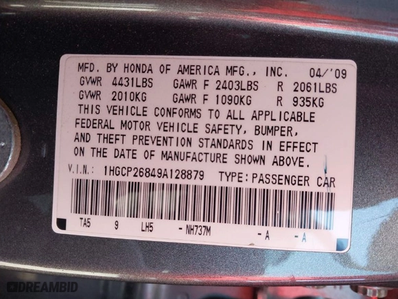 2009 Honda Accord Sdn EX-L with VIN 1HGCP26849A128879, listed as a IAAI auction lot 41950168 with 95,045 mi miles. Bid and sale history available at carsss.com. Image 9.