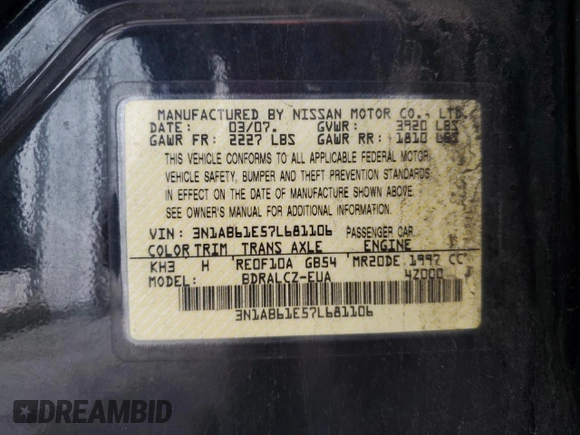 2007 Nissan Sentra 2.0 with VIN 3N1AB61E57L681106, listed as a Copart auction lot 53170925 with 213,535 mi miles and Salvage title. Bid and sale history available at DreamBid. Image 13.