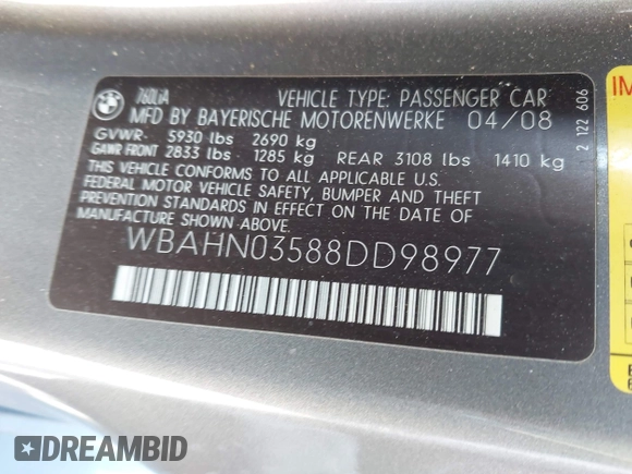 2008 BMW 7 Series 760Li with VIN WBAHN03588DD98977, listed as a IAAI auction lot 42836897 with 147,612 mi miles and . Bid and sale history available at DreamBid. Image 9.