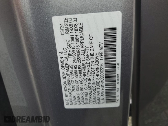 2025 Honda Pilot EX-L with VIN 5FNYG1H40SB002296, listed as a Copart auction lot 87583325 with 6,811 mi miles and Salvage Title. Bid and sale history available at carsss.com. Image 13.