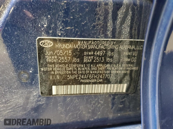 2015 Hyundai Sonata 2.4L SE with VIN 5NPE24AF6FH247707, listed as a Copart auction lot 52357415 with 124,265 mi miles and Salvage Title. Bid and sale history available at carsss.com. Image 14.