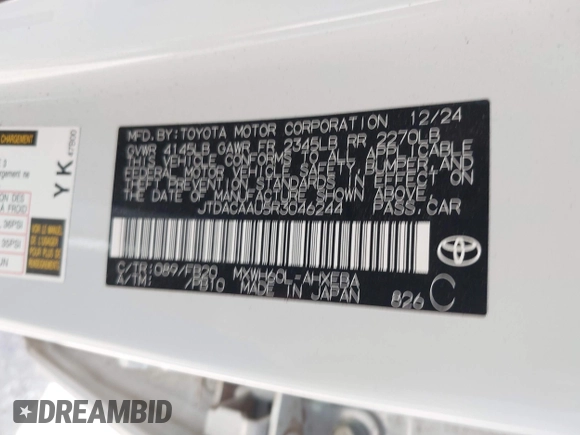 2024 Toyota Prius LE with VIN JTDACAAU5R3046244, listed as a IAAI auction lot 42464523 with 13,590 mi miles and . Bid and sale history available at DreamBid. Image 9.