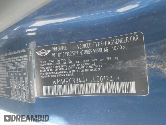 2004 MINI Hardtop с VIN WMWRC33444TC50120, выставлен на аукционе IAAI как лот 42610021 с пробегом 176 078 миль миль и . История ставок и продаж доступна на DreamBid. Изображение 9.
