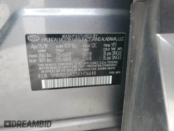 2019 Hyundai Santa Fe Limited with VIN 5NMS53AD5KH116648, listed as a Copart auction lot 47574365 with 47,281 mi miles and Salvage Title. Bid and sale history available at carsss.com. Image 15.
