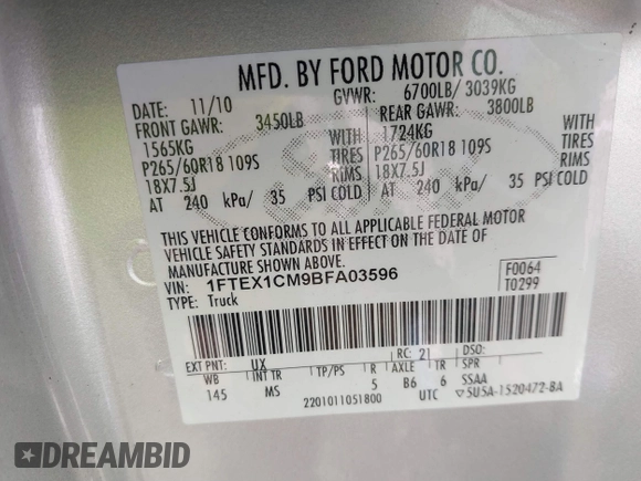 2011 Ford F-150 XL with VIN 1FTEX1CM9BFA03596, listed as a IAAI auction lot 41693782 with 138,380 mi miles. Bid and sale history available at carsss.com. Image 9.