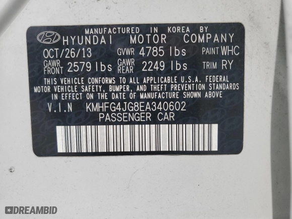 2014 Hyundai Azera with VIN KMHFG4JG8EA340602, listed as a Copart auction lot 49122045 with 110,347 mi miles and Salvage Title. Bid and sale history available at carsss.com. Image 13.