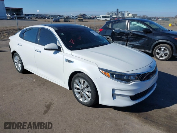 2016 Kia Optima EX with VIN 5XXGU4L32GG032974, listed as a IAAI auction lot 41881338 with 118,590 mi miles. Bid and sale history available at carsss.com. Image 1.